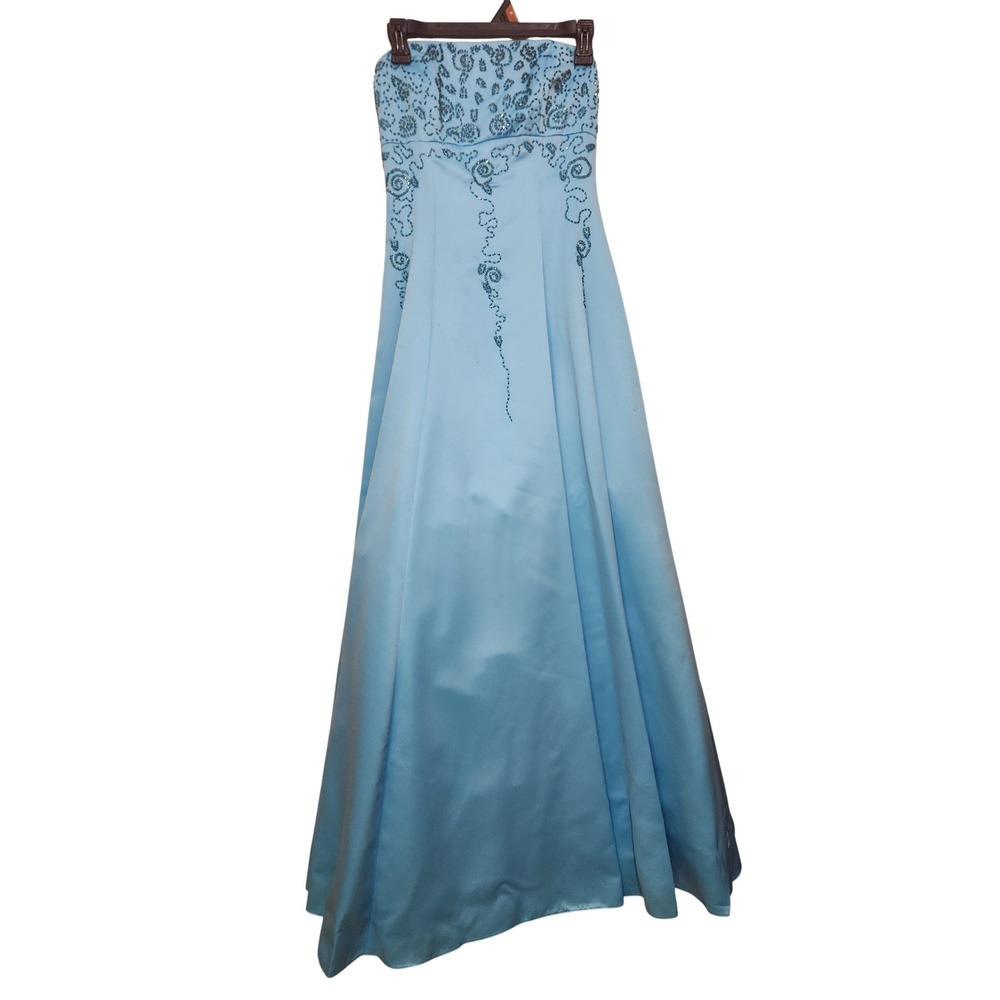 Vintage 90s Cache Blue Strapless Beaded Prom Gown Lace Up Back Shawl‎ Formal